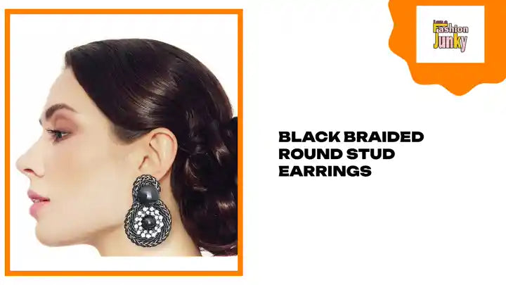 Black Braided Round Stud Earrings by@Outfy