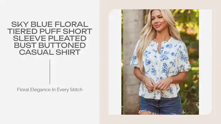 Sky Blue Floral Tiered Puff Short Sleeve Pleated Bust Buttoned Casual Shirt by@Outfy