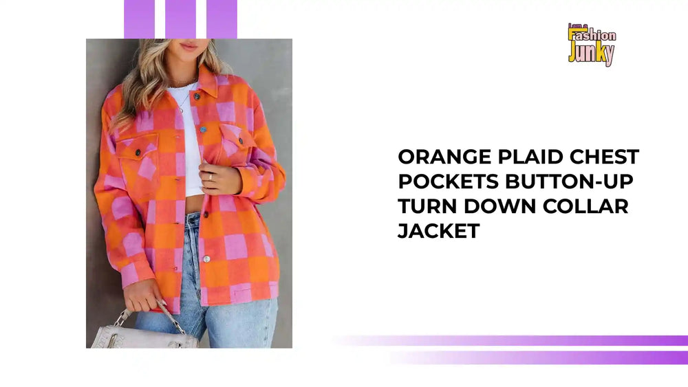 Orange Plaid Chest Pockets Button-up Turn Down Collar Jacket by@Outfy