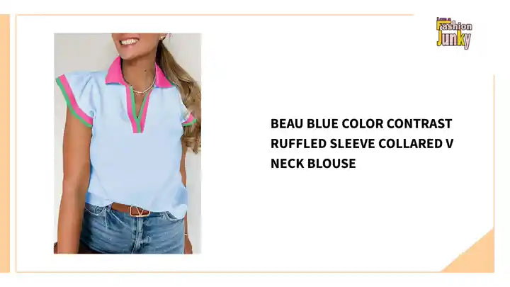 Beau Blue Color Contrast Ruffled Sleeve Collared V Neck Blouse by@Outfy