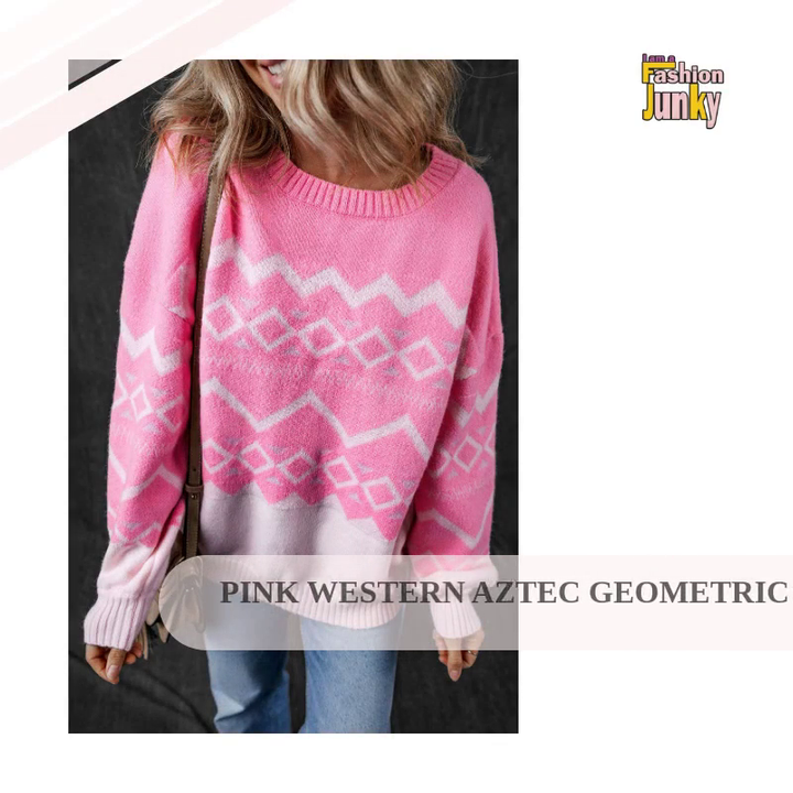 Pink Western Aztec Geometric Drop Shoulder Sweater by@Outfy