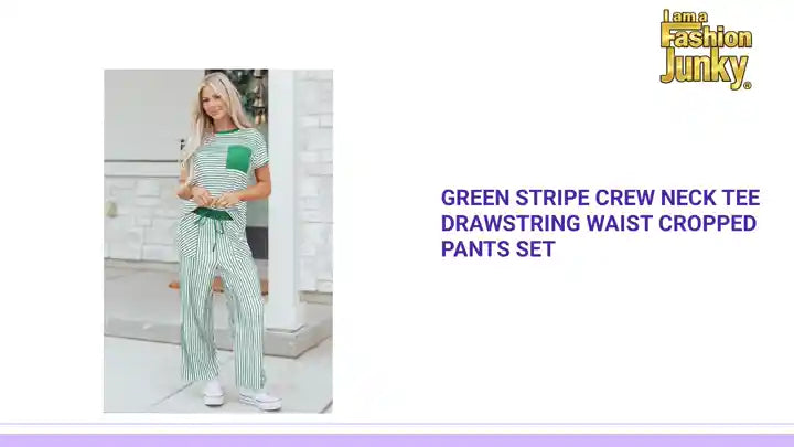 Green Stripe Crew Neck Tee Drawstring Waist Cropped Pants Set by@Outfy