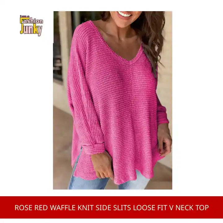 Rose Red Waffle Knit Side Slits Loose Fit V Neck Top by@Outfy