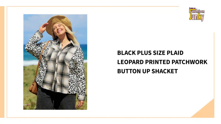 Black Plus Size Plaid Leopard Printed Patchwork Button Up Shacket by@Outfy