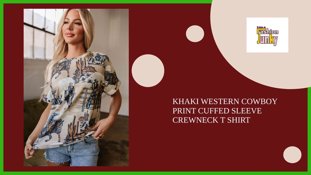 Khaki Western Cowboy Print Cuffed Sleeve Crewneck T Shirt by@Outfy