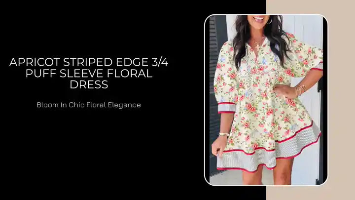 Apricot Striped Edge 3/4 Puff Sleeve Floral Dress by@Outfy