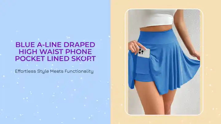 Blue A-line Draped High Waist Phone Pocket Lined Skort by@Outfy