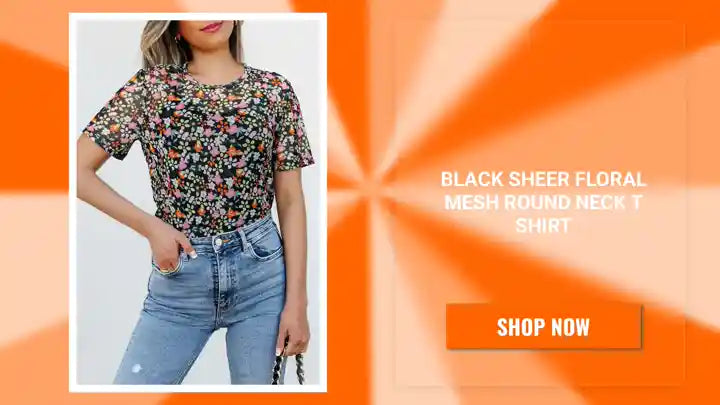 Black Sheer Floral Mesh Round Neck T Shirt by@Outfy