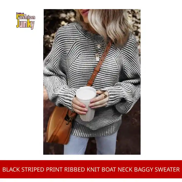 Black Striped Print Ribbed Knit Boat Neck Baggy Sweater by@Outfy
