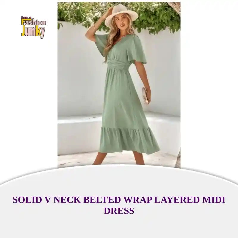 Solid V Neck Belted Wrap Layered Midi Dress by@Outfy