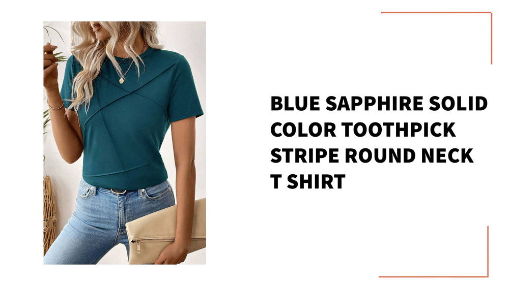 Blue Sapphire Solid Color Toothpick Stripe Round Neck T Shirt by@Outfy