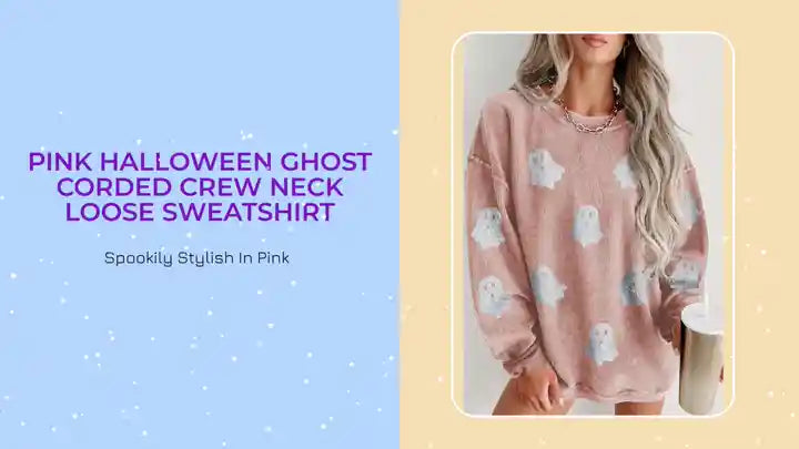 Pink Halloween Ghost Corded Crew Neck Loose Sweatshirt by@Outfy