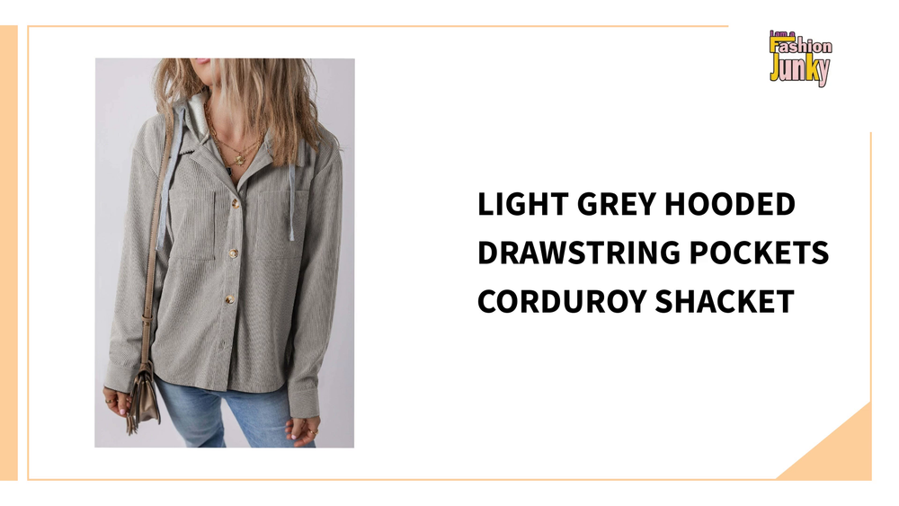 Light Grey Hooded Drawstring Pockets Corduroy Shacket by@Outfy