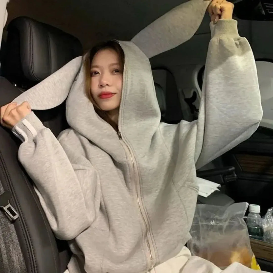 Rabbit Ear Zippered Hoodie - Women's Cute Short Top in Gray, Korean Preppy Style