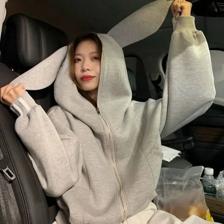 Rabbit Ear Zippered Hoodie - Women's Cute Short Top in Gray, Korean Preppy Style