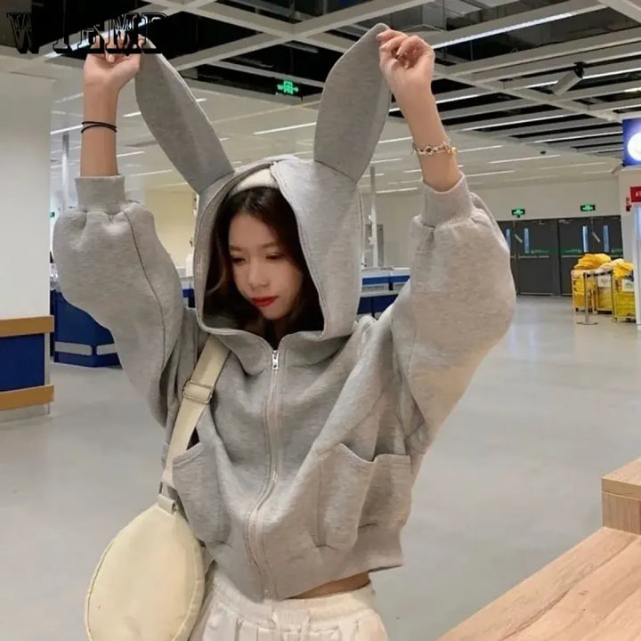 Rabbit Ear Zippered Hoodie - Women's Cute Short Top in Gray, Korean Preppy Style