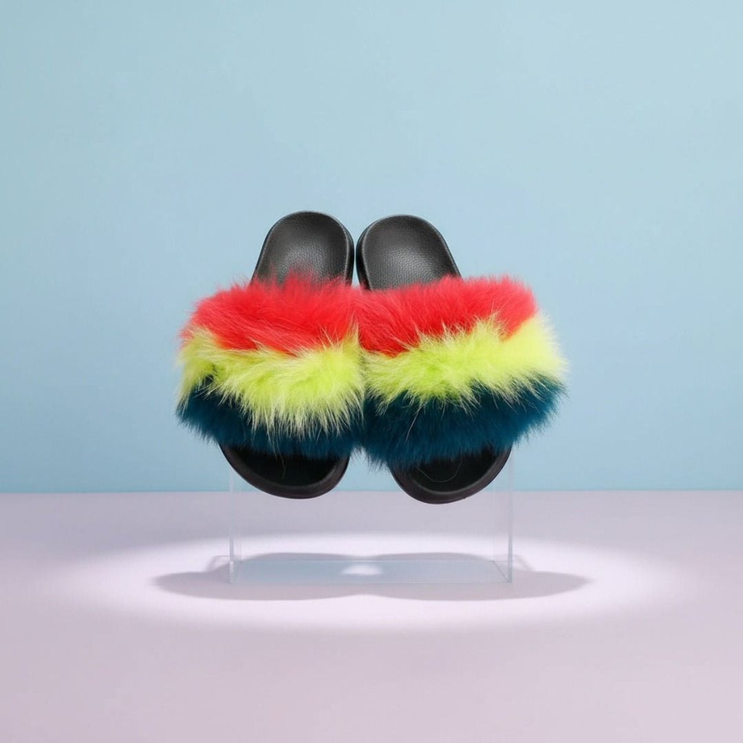 Coral to Green Fox Fur Large Slippers