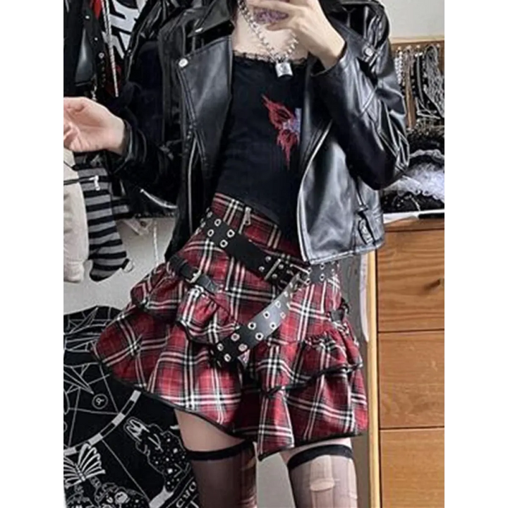Red Plaid High Waist Skirt