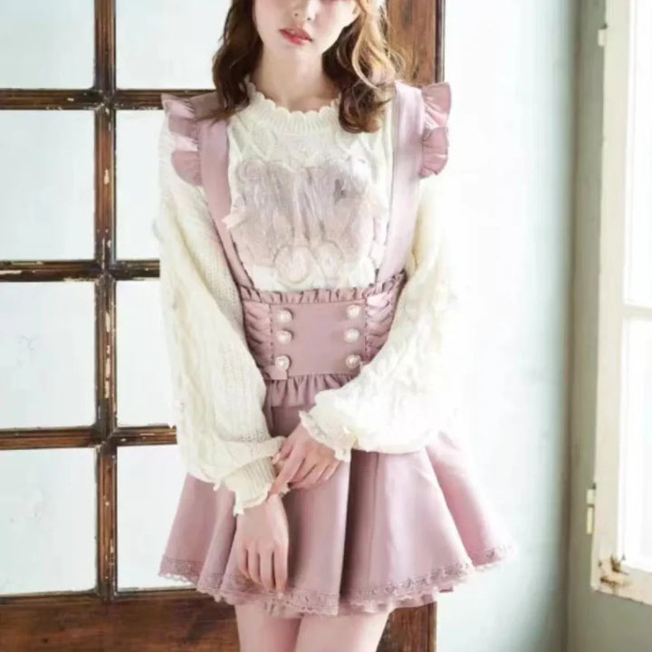 Gothic Lolita Suspender Skirt – Lace Trim Bowknot A-Line Mini
