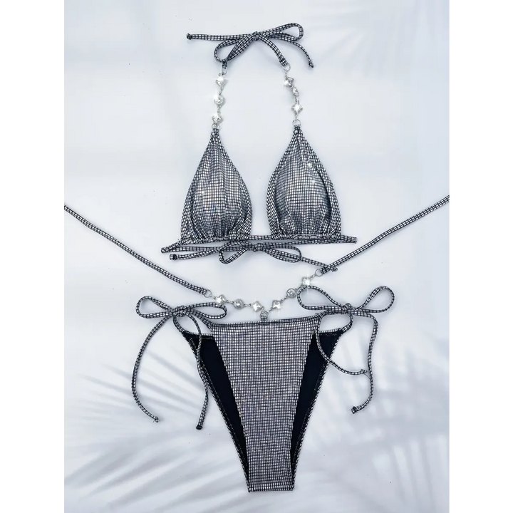 Rhinestone Halter Bikini Set – Glitter Tie Thong Swimwear