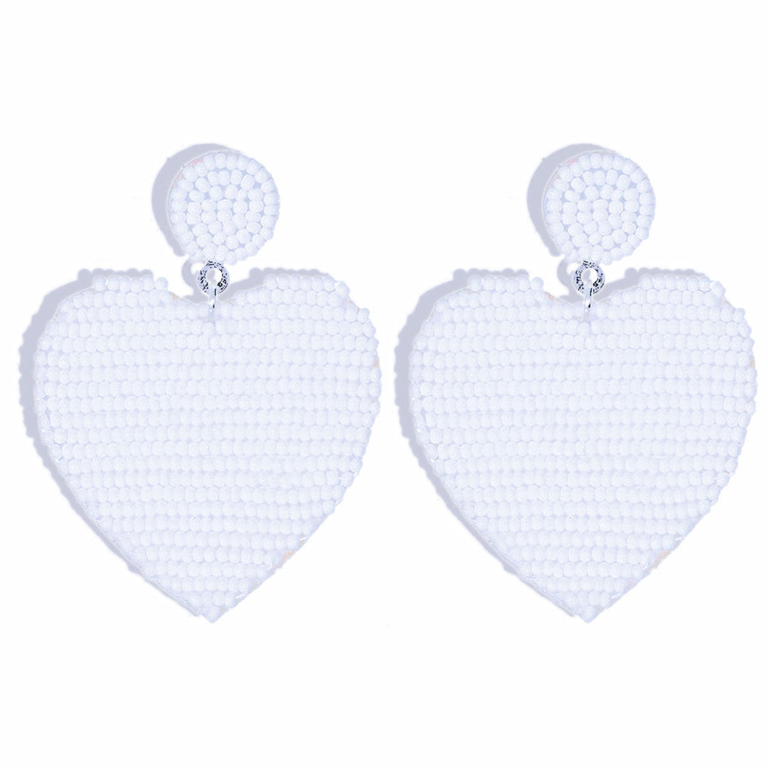 White Seed Bead Heart Earrings