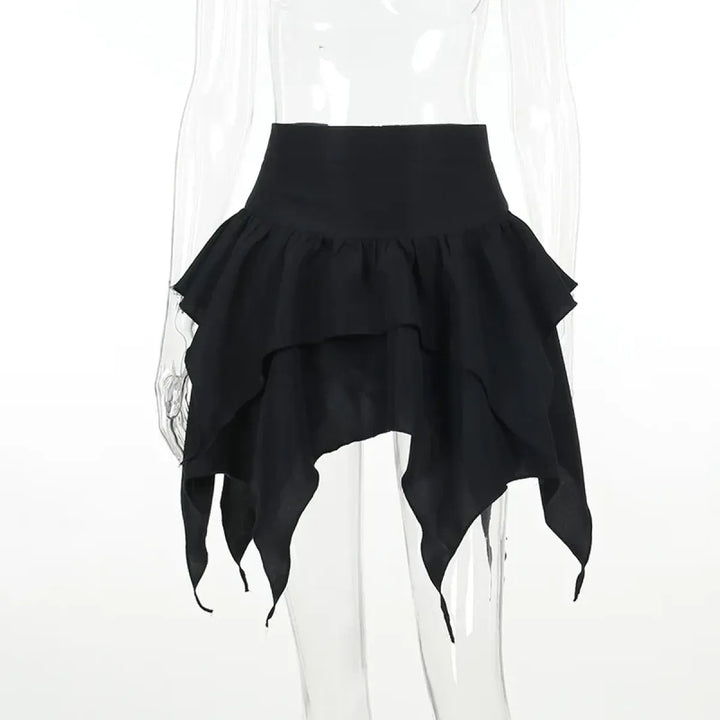 Gothic Punk Ruffle Skirt – Irregular Hem Drawstring Tie-Up Mini Skirt