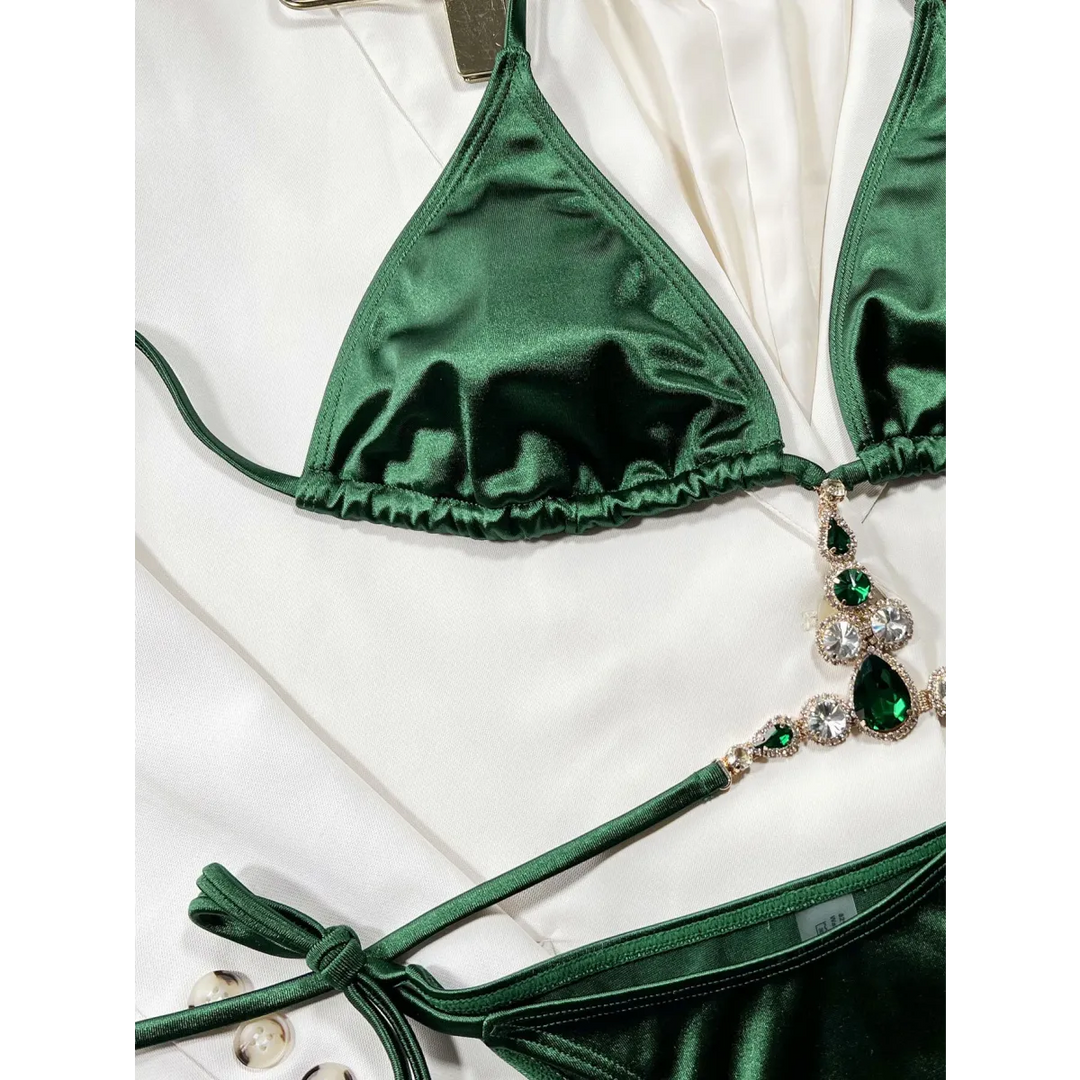 Satin Rhinestone Bikini Set – Sexy Halter Tie Beach Swimwear