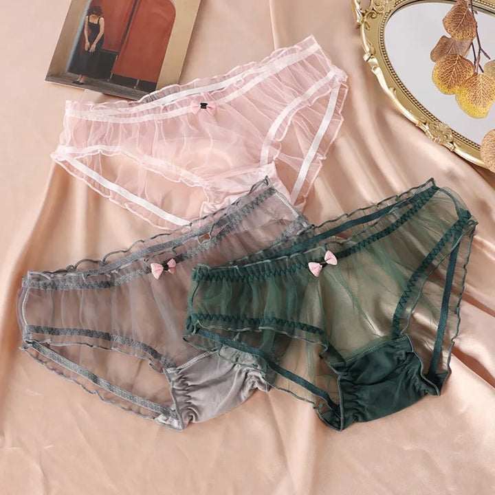 Sheer Lace Mesh Low Waist Panties with Bows – Sexy Transparent Lingerie