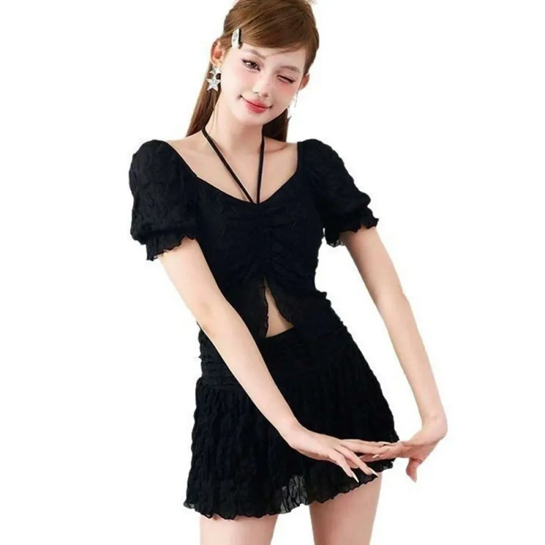 Ruffle Sleeve Bikini Set – Lace Trim Puff Top with Skirt Cover-Up