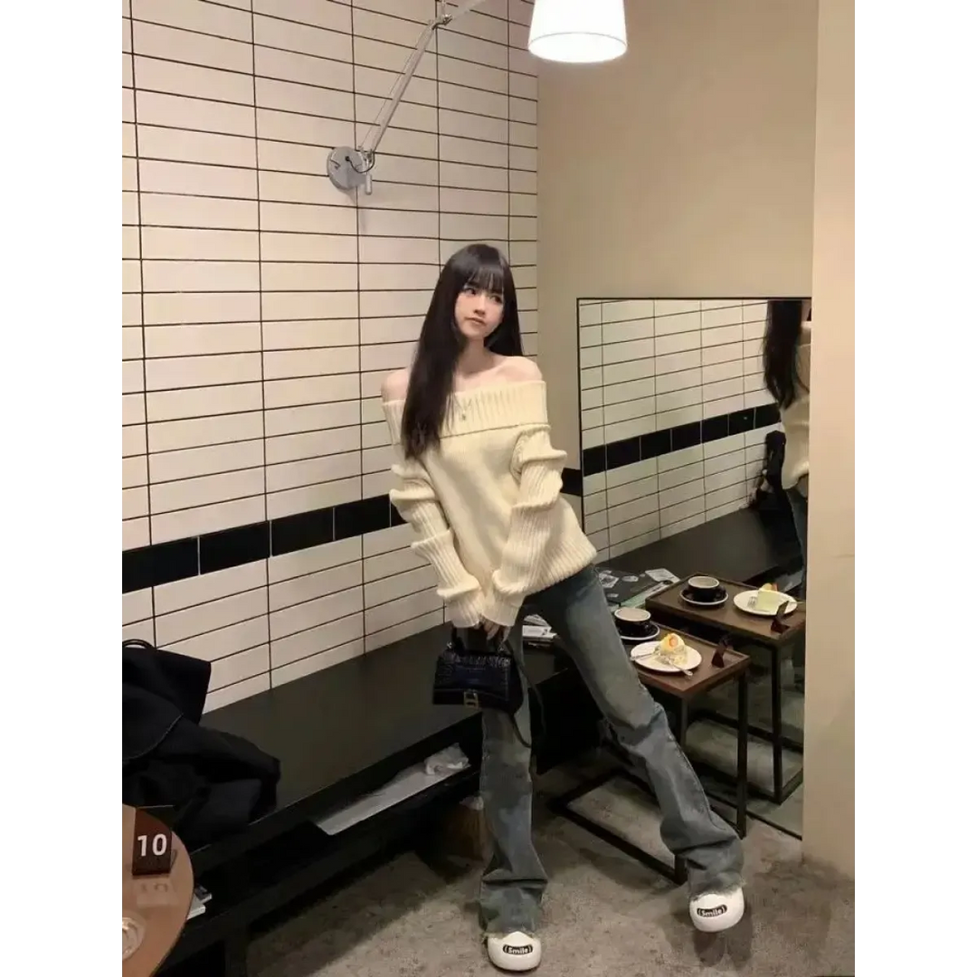 Beige Off Shoulder Knit Sweater – Elegant Harajuku Long Sleeve Pullover