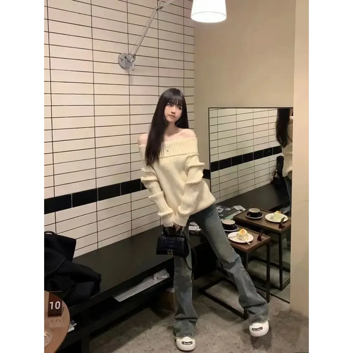 Beige Off Shoulder Knit Sweater – Elegant Harajuku Long Sleeve Pullover