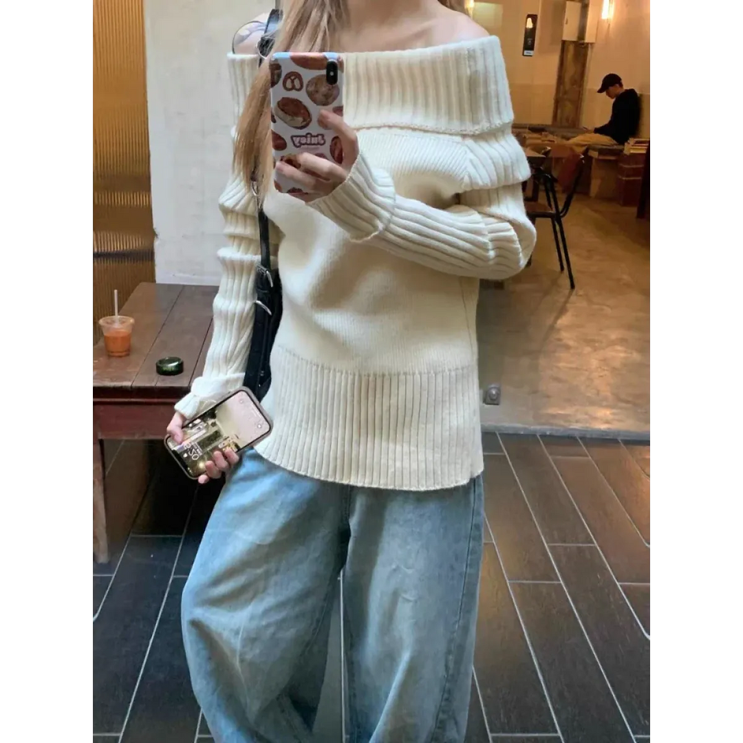 Beige Off Shoulder Knit Sweater – Elegant Harajuku Long Sleeve Pullover