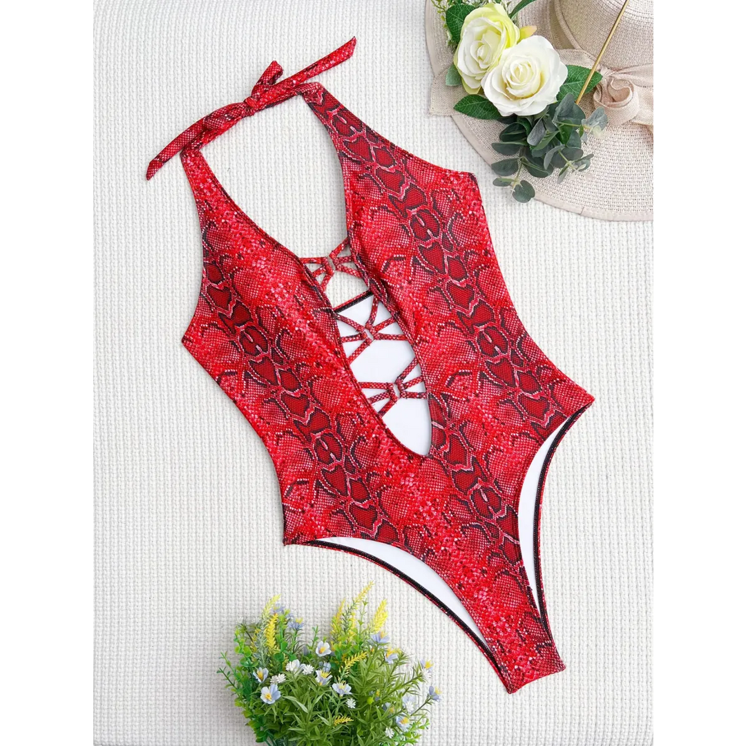Snake Print Cutout One-Piece – Deep V Thong Swimwear