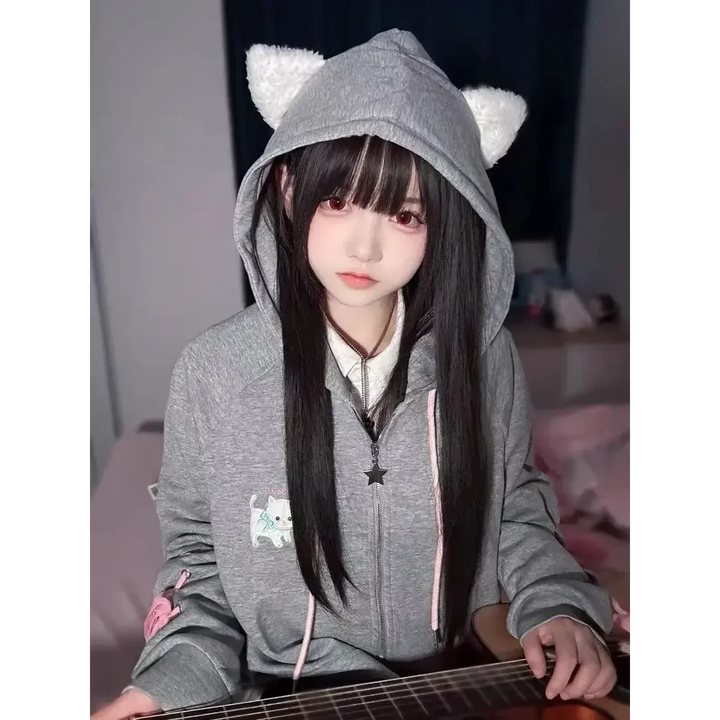 Soft Girl Cute Cat Embroidered Hoodie