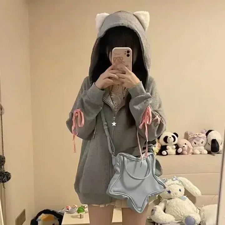 Soft Girl Cute Cat Embroidered Hoodie