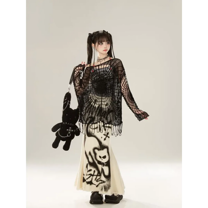 Spider Web Knit Sweater – Y2K Off Shoulder Grunge Pullover