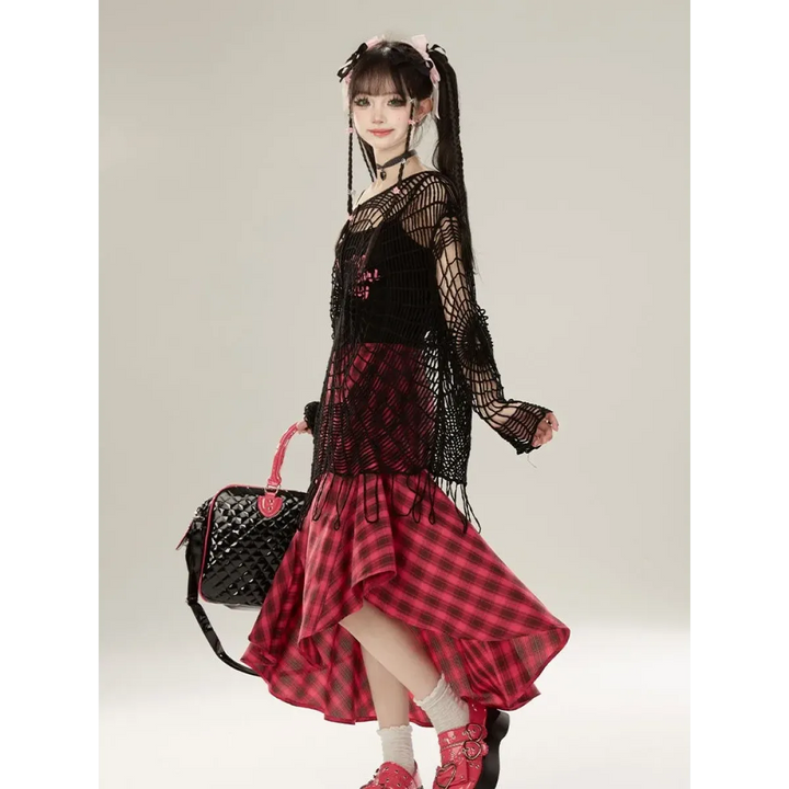 Spider Web Knit Sweater – Y2K Off Shoulder Grunge Pullover