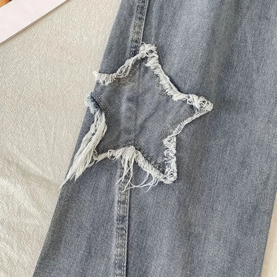 Star Patch Ripped High Waist Straight Leg Jeans – Women's Loose Fit Denim