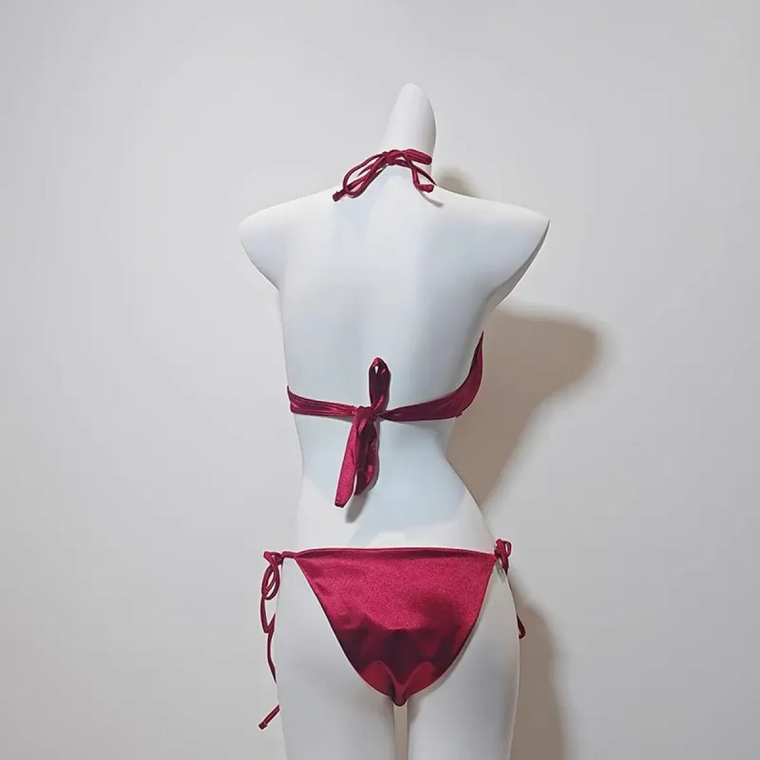 Satin Halter Bikini Set – Korean 3PCS Swimsuit with Skirt