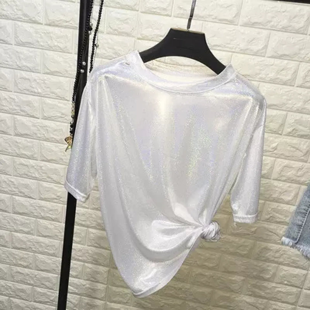 Summer Retro Bright Silk Loose Short Sleeve Top