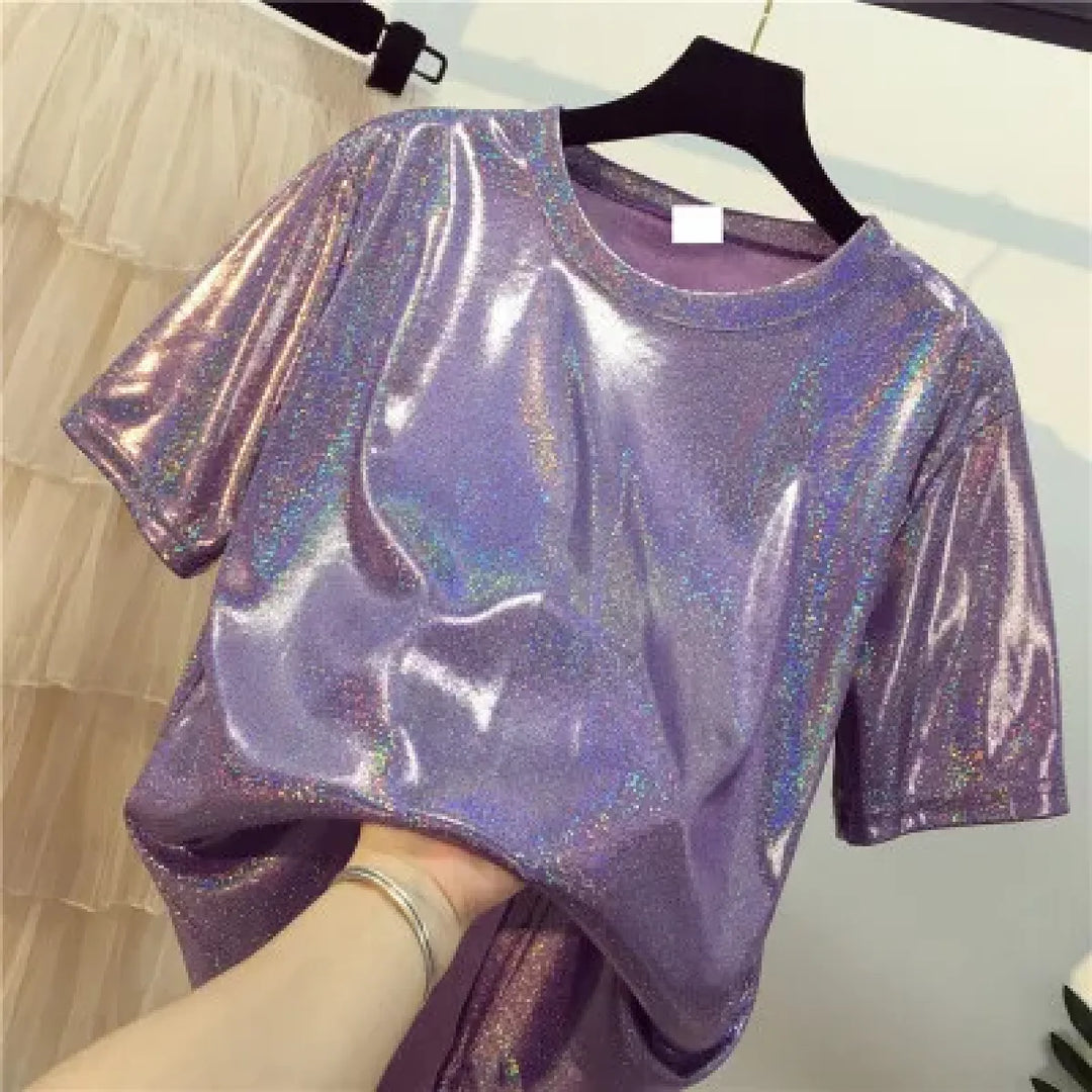 Summer Retro Bright Silk Loose Short Sleeve Top