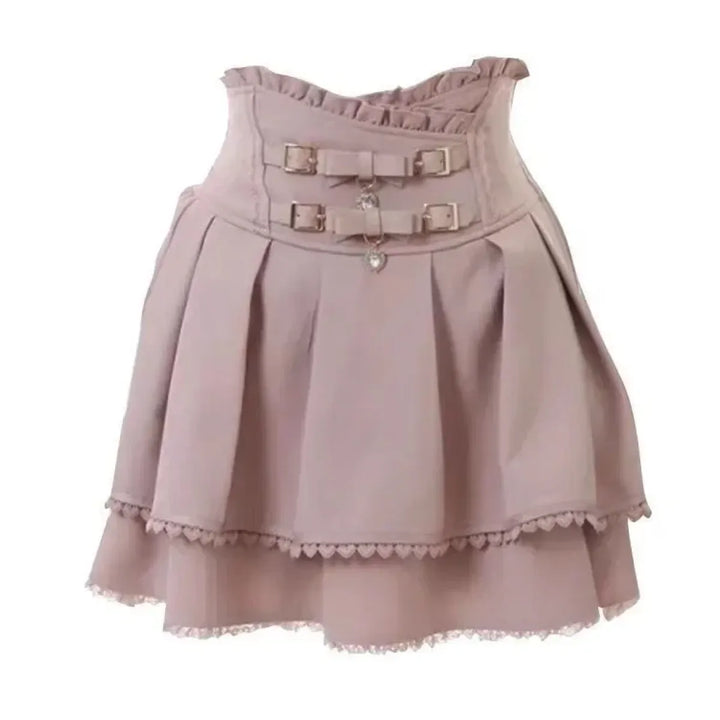 Harajuku Sweet Pink Bow Skirt – Ruched Slim Waist Faux Leather