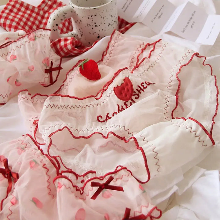 Sweet Strawberry Sheer Mesh Panties – Ruffle Lace Mid-Waist Briefs