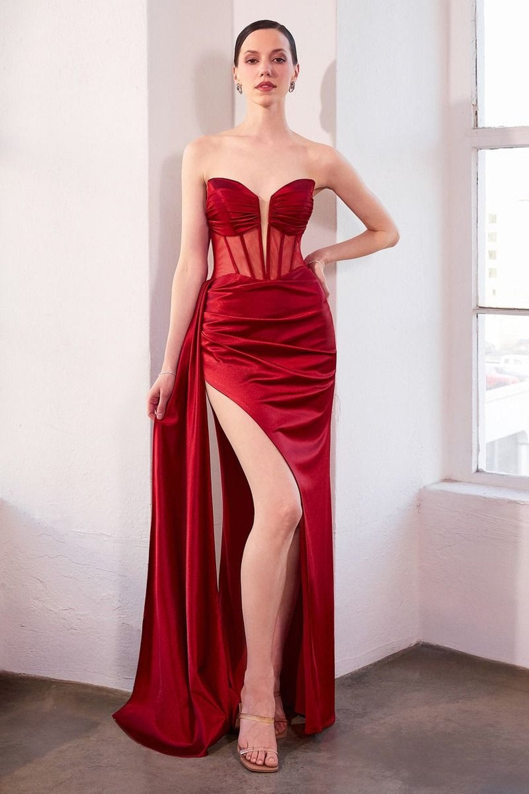 Ladivine Amoris T811 Long Fitted Satin Strapless Evening Gown