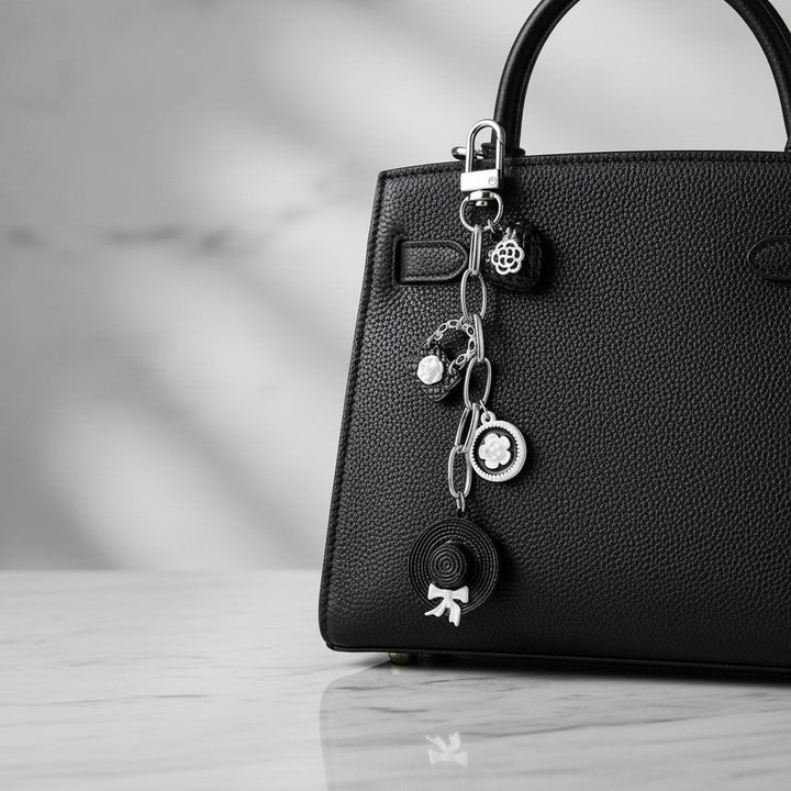 Keychain Black and White Camellia Charms Bag Clip