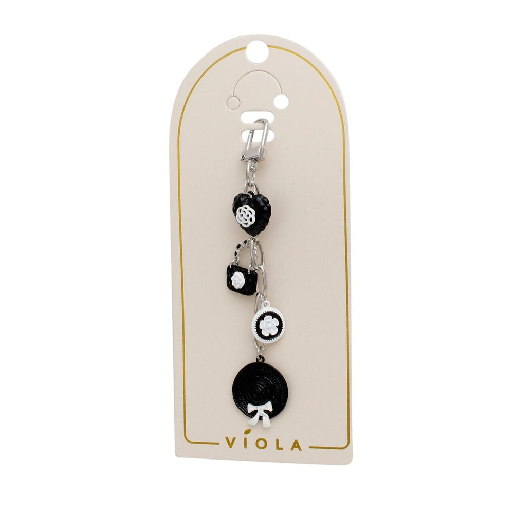 Keychain Black and White Camellia Charms Bag Clip