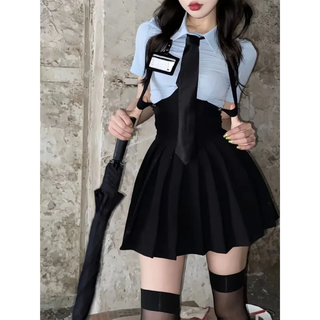 Preppy Style Two-Piece School Uniform Set - Corset Shirt and Pleated Skirt