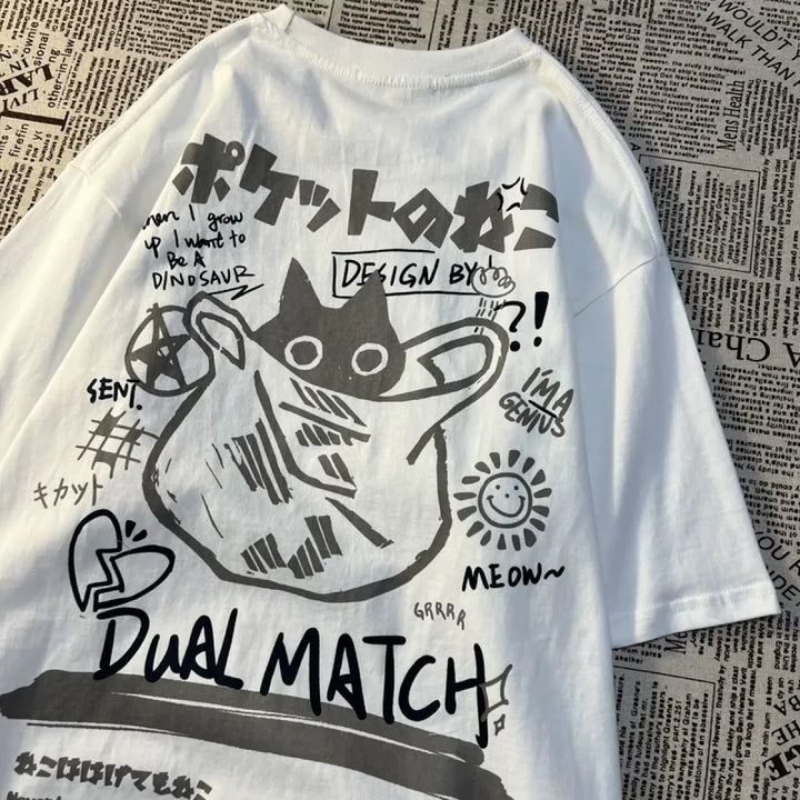 Cute Anime Cat T-Shirt – Vintage Aesthetic Harajuku Kawaii Top
