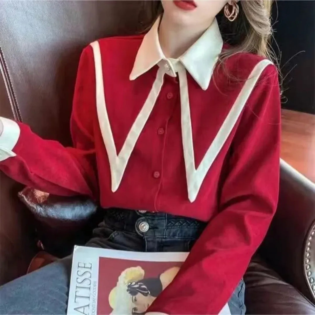 Vintage Peaked Collar Blouse – Elegant Puff Sleeve Button-Up Shirt