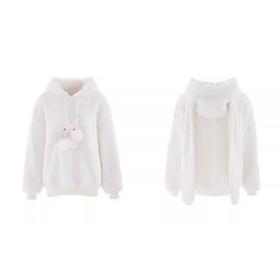 White Bunny Hoodie – Soft Lamb Wool Fleece Pullover Winter Style